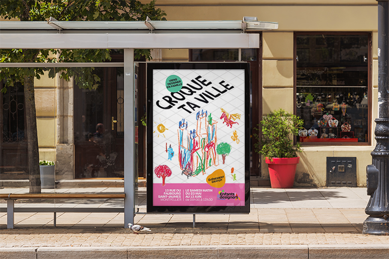 photographie d'un abri bus avec l'affiche pour l'événement croque ta ville