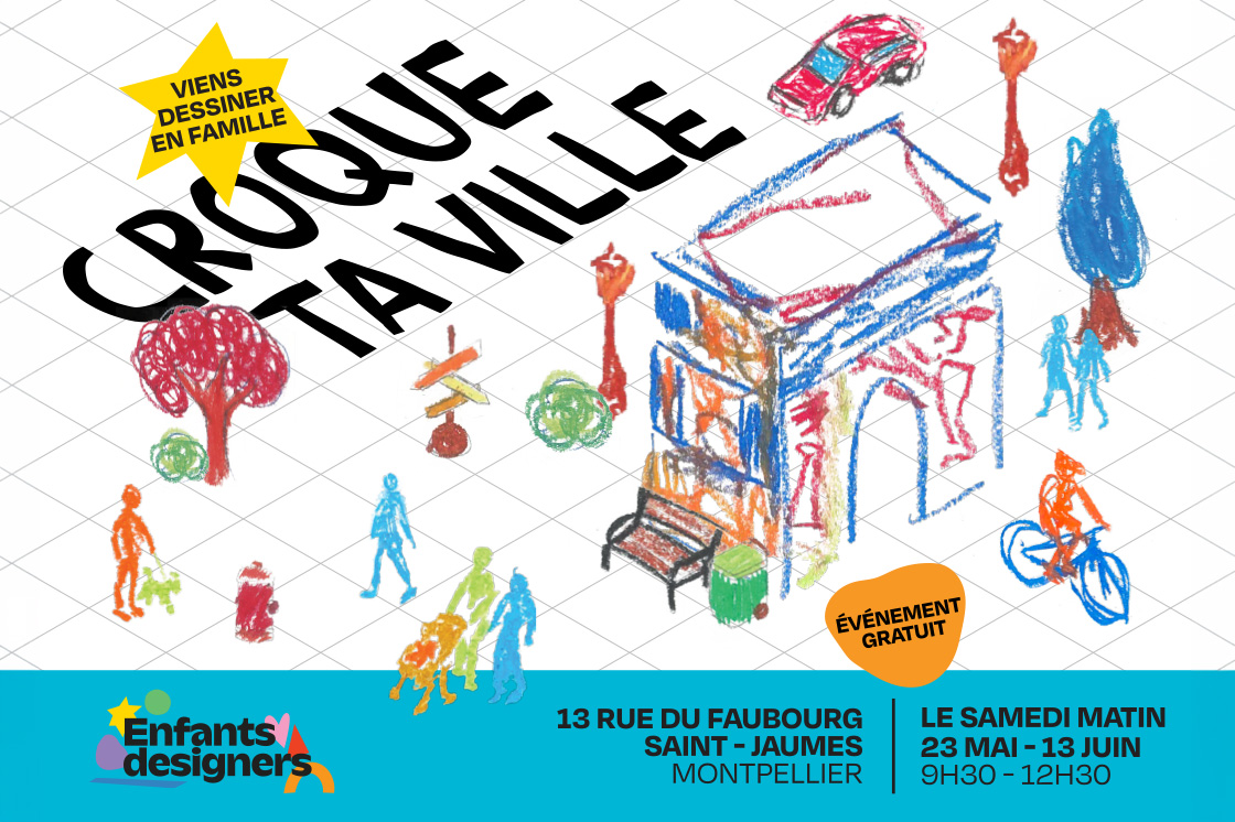 dessin sur grille isométrique pour le projet Croque ta ville, flyer évènement gratuit par les enfants designers