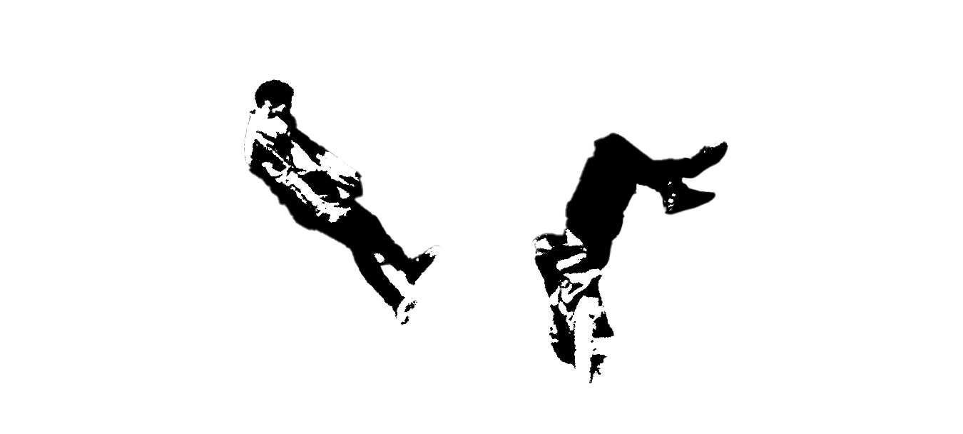 dessin en noir et blanc de deux personnages qui font des acrobaties