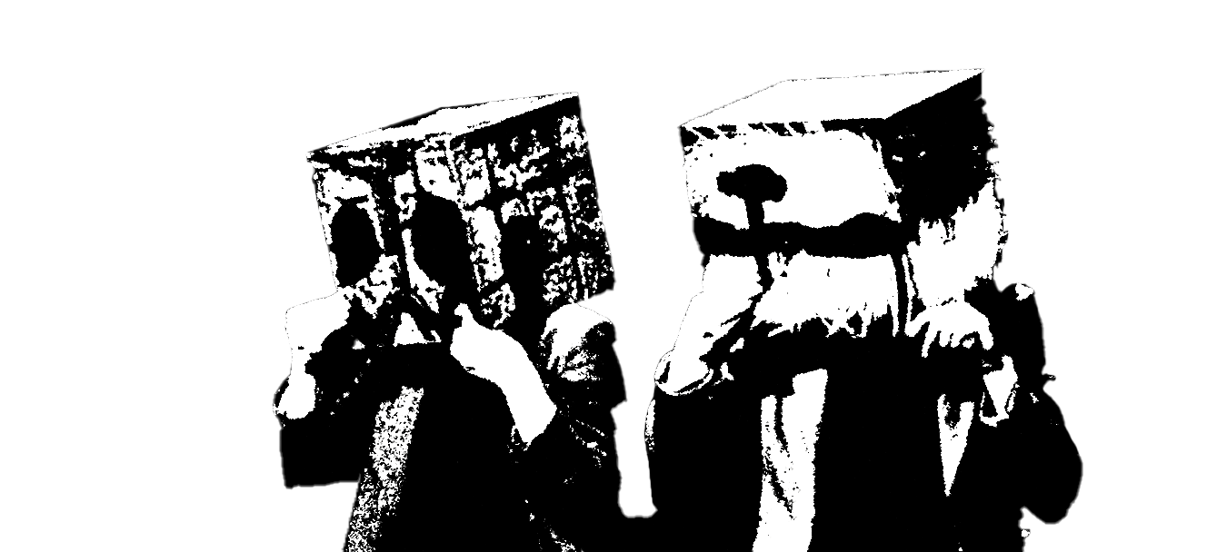 dessin en noir et blanc de deux personnes avec un masque cubique